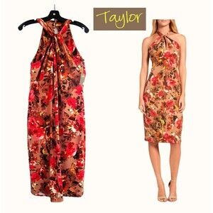 Taylor NEW Glam GINGER Floral 3-Keyhole Halter Dress